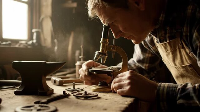 Man Inspecting Gears Under Microscope in Workshop