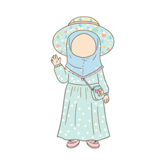 Cute Faceless Girl in Hijab with Hat Wearing Dress Illustration