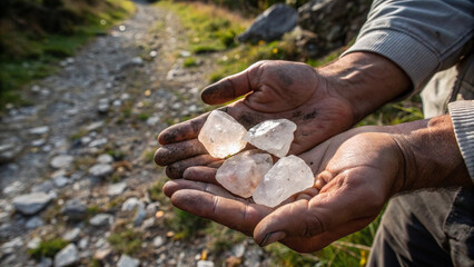 Hands with dirt grasping raw uncut crystals outdoors, symbolizing earthy lifestyle, crystal energy, and geology-inspired beauty.&rdquo;