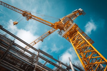 Construction crane with industrial structure under blue sky.