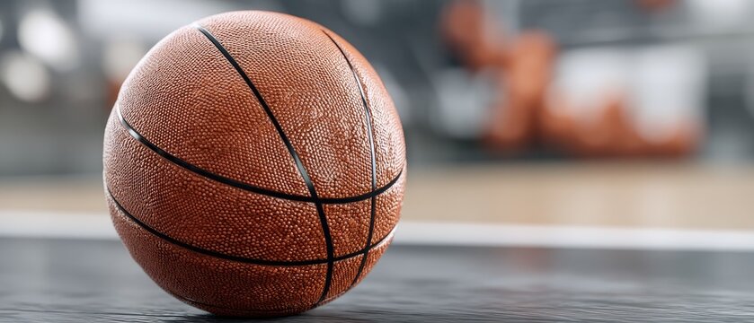 Basketball resting on a gym floor after a practice session capturing focus and details of the ball's texture