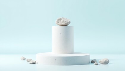 Minimalist Composition with White Geometric Forms and Small Rocks Against Pale Blue Background