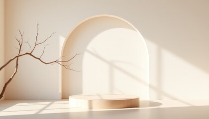 Minimalist exhibit space with a geometric arch and light wood platform, showcasing subtle shadows and an organic branch