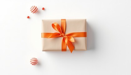 A single present tied with an orange ribbon with small spheres around it on a pure white surface