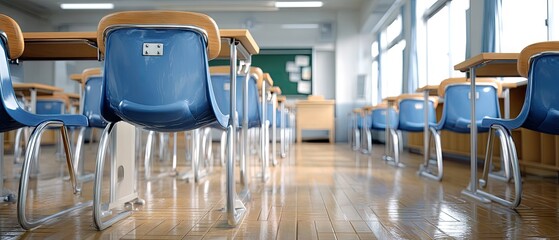 Empty classroom with blue chairs and wooden desks ready for students during school hours on a sunny day