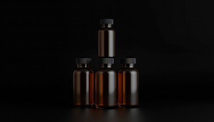 Four brown bottles with dark caps are arranged in a pyramid formation against a solid black background