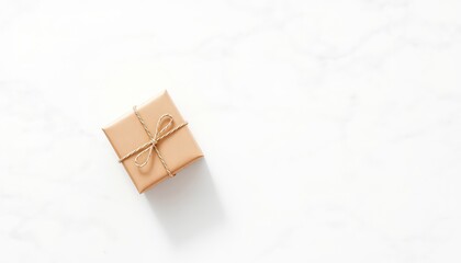 Small, elegant gift wrapped with simple string on a pristine white surface invites anticipation and excitement