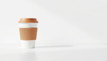 Disposable beverage container with lid and sleeve ready for hot drink on bright white background