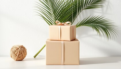 Aesthetic still life featuring stacked presents, natural twine, and greenery against a textured white backdrop for an upscale event