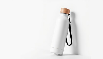Minimalist composition showcasing a white reusable water bottle with a wooden cap and a black carrying strap on a clean white surface