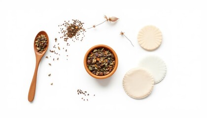 Natural skincare essentials still life with seeds, wooden bowl, spoon, dried herbs and reusable makeup remover pads
