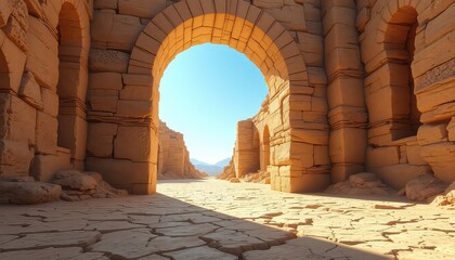 Ancient pathway with monumental stone gateways and cracked ground leading towards distant horizon under a clear blue sky