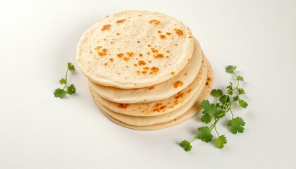 Stack of fresh, delicious flatbreads with light browning, ready to be filled, alongside some vibrant green herbs