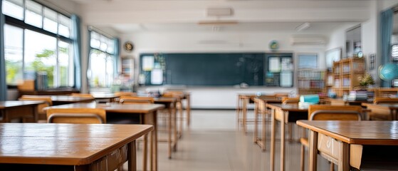 Bright classroom with wooden desks and a chalkboard in a modern school setting during the day, inviting for learning and collaboration