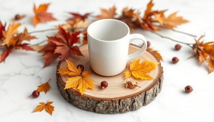 Warm beverage cup surrounded by beautiful autumn leaves and seed pods on a rustic wooden slice atop a white surface