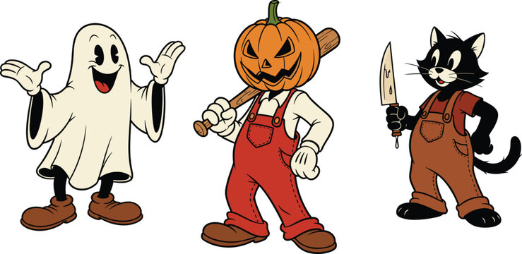 Cartoon halloween character vector illustration featuring ghost, pumpkin head with bat, and black cat costume design, spooky festive seasonal artwork - Powered by Adobe