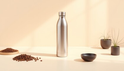 Elegant minimalist setting featuring a stainless steel bottle, coffee beans, and potted plants on a neutral background