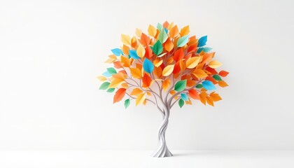 A whimsical tree illustration with vibrant colorful leaves against a bright, minimalist background creating a sense of growth and cheer