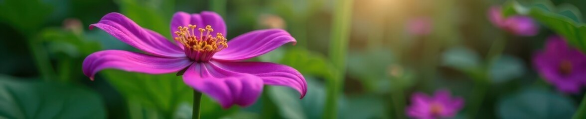 Deep purple petals, pink center, verdant garden backdrop, blossom, design, leaves