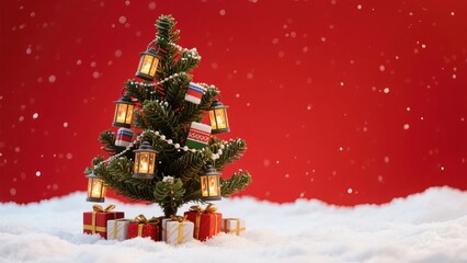 Christmas tree decorated with lanterns and gifts on snowy ground against red background