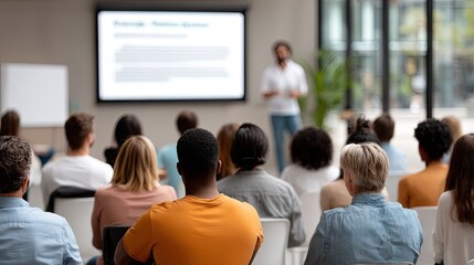 Presentation on professional skills at a modern conference room with engaged audience in daytime setting