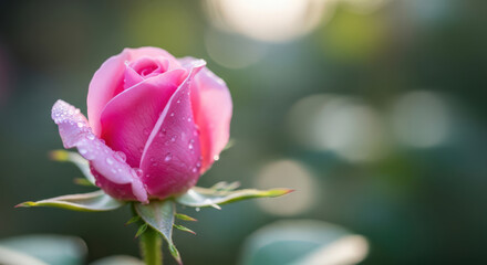 Obraz premium Close Up of a Delicate Pink Rose Bud with Water Droplets Adorning its Petals, Set Against a Softly Blurred Green Background, Evoking Freshness and Beauty