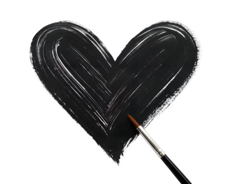 Black heart painted with a brush isolated on transparent background