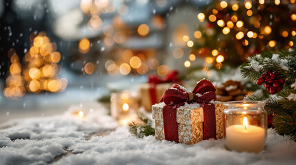 Gift of Winter Bliss: A meticulously crafted scene, gifts with festive bows nestled amidst a snowy landscape, adorned with candles and a beautifully lit Christmas tree.