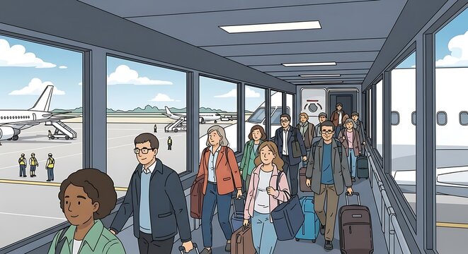 People boarding airplane via jet bridge at airport.