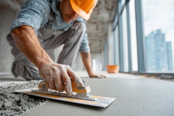 Construction worker leveling a concrete floor using a trowel in an indoor environment, showcasing precision and skill in finishing concrete for a modern interior space.