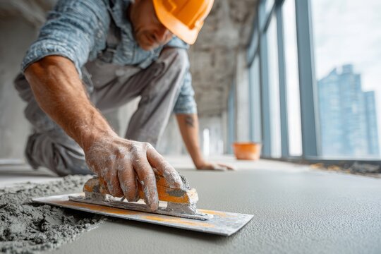 Construction worker leveling a concrete floor using a trowel in an indoor environment, showcasing precision and skill in finishing concrete for a modern interior space.