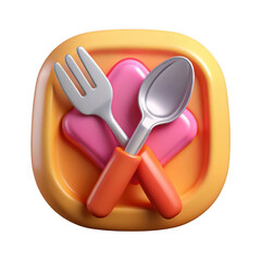 Fototapeta premium 3d rendered food app icon with fork and spoon on plate, restaurant menu design element, culinary symbol, isolated on transparent background