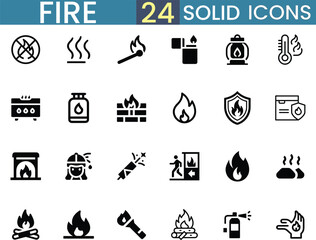Collection of 24 fire related solid icons for safety and warning applications vector