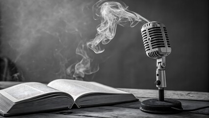 Vintage microphone emitting smoke next to an open book on a wooden table black and white