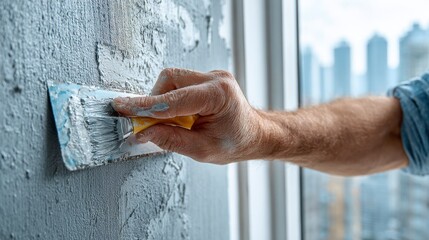 A close-up of a man's hand applying gray paint to a wall with a brush, showcasing the texture and precision of the brushstrokes, with a cityscape visible in the background.
