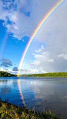 Double rainbow reflected in a calm lake, with a partly cloudy sky and lush green shoreline