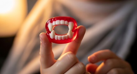 Red gummy vampire teeth are held between fingers