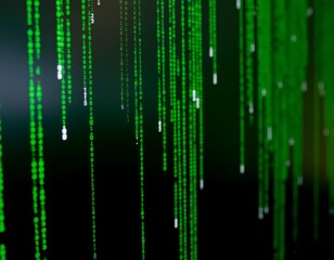 Luminous green digital code cascading on a dark screen, an abstract visual representing data, programming, cybersecurity, and the immersive world of virtual technology