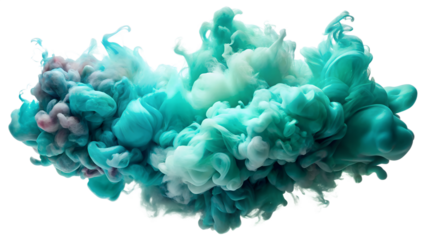 An abstract explosion of turquoise and blue ink or smoke swirling in water, creating a dynamic and ethereal cloud formation, isolated on a transparent background