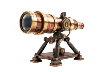 Antique brass telescope spyglass vintage nautical instrument old scope on tripod isolated on transparent background