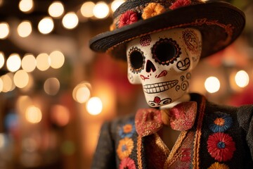 Colorful Day of the Dead Skeleton with Traditional Mexican Attire and Hat in Festive Market Setting