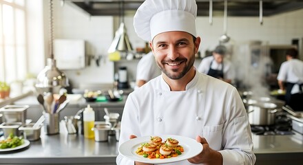 Smiling chef presents perfectly seared scallops dish in professional kitchen