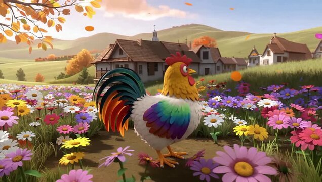 Dancing chicken in a countryside meadow full of flowers, cartoon rooster performing joyfully in a colorful rural scene perfect for children&rsquo;s animation