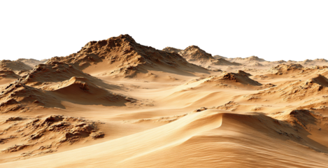 Expansive sandy desert landscape with dunes and hills, isolated on transparent cutout background