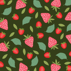 Berries seamless pattern with strawberry and flowers in flat design. Simple vector illustration.
