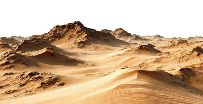 Expansive sandy desert landscape with dunes and hills, isolated on transparent cutout background