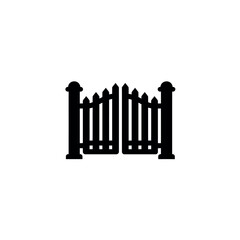 Simple black silhouette of a classic wooden picket gate.