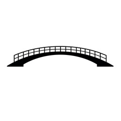 Simple black silhouette of an arched bridge with railings.