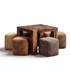 A square wooden coffee table with a set of upholstered cube-shaped stools, creating a modern and rustic seating arrangement.