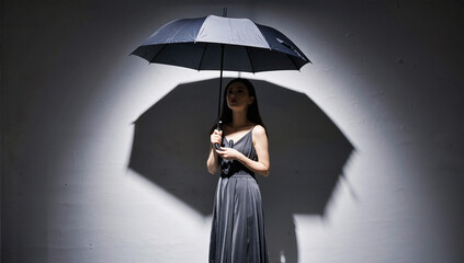 Woman Holding Black Umbrella Against Wall with Shadow